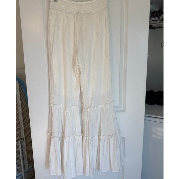 Storia Cream Wide Leg Ruffle Boho Pants Smocked Waist Tiered Hem L - Picture 3 of 8